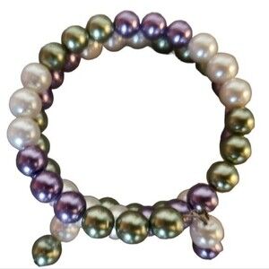 Faux Pearl Coquette Soft Girl Purple Green White Memory Wire Bracelet